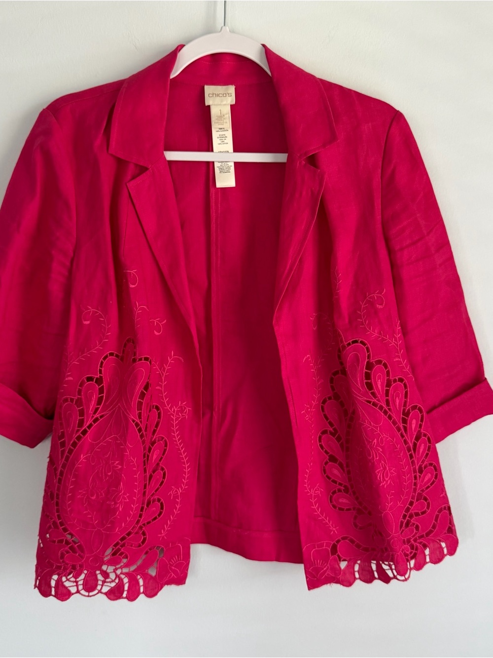 Chico’s Size 1 M Pink 100% Linen Embroidered Cutout Open Front Blazer Jacket